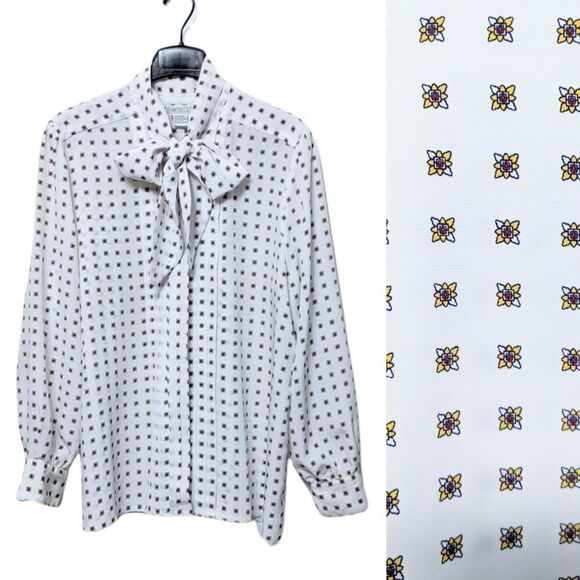 VINTAGE Bankers Club Mini Floral Pussybow Blouse - Picture 1 of 8